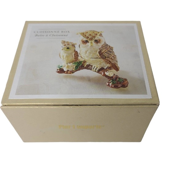 Pier 1 Owl with Baby Figurine Cloisonné Rhinestone Trinket Box Jewelry Holder - Picture 11 of 14